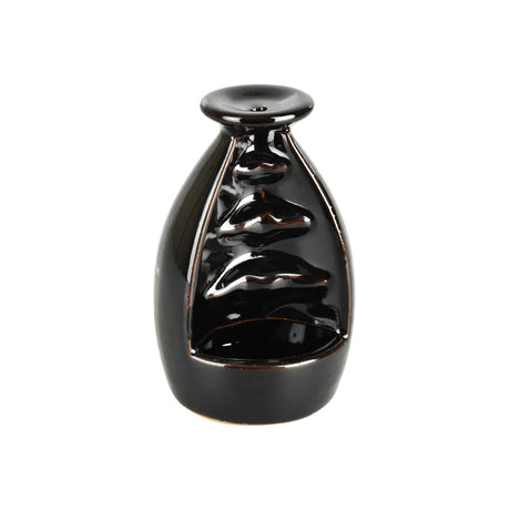Mini Ceramic Waterfall Backflow Incense Burner in glossy black, front view on white background