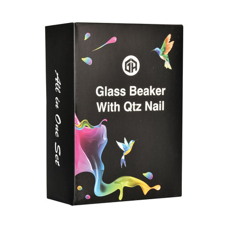 Mini Glass Beaker with Quartz Banger packaged in a vibrant box featuring colorful artwork