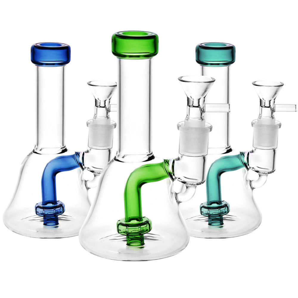 Assorted Mini Glass Water Pipes 6" 14mm F, clear borosilicate glass with colored accents