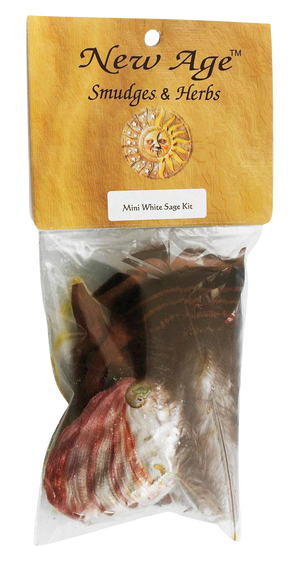 Mini White Sage Smudge Kit with feathers and shell, 4" size, front view in packaging
