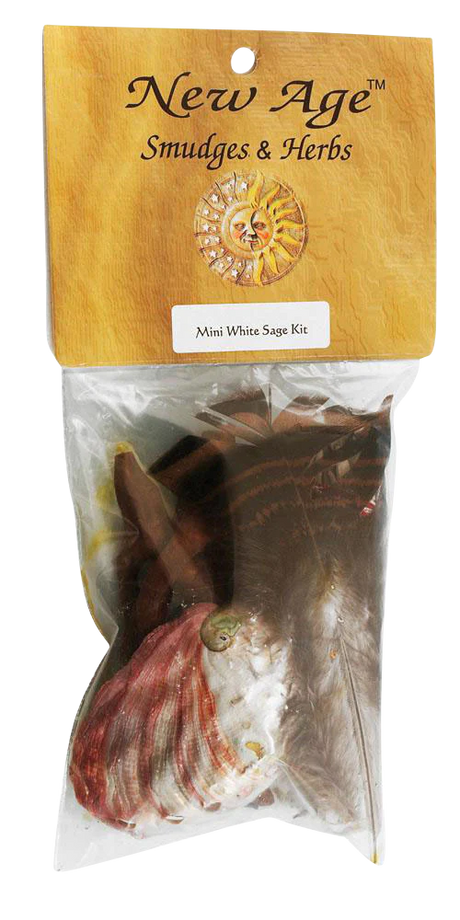 Mini White Sage Smudge Kit with feathers and shell, 4" size, front view in packaging