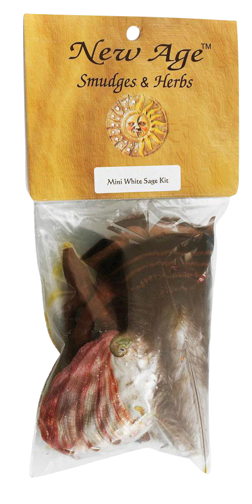 Mini White Sage Smudge Kit with feathers and shell, 4" size, front view in packaging