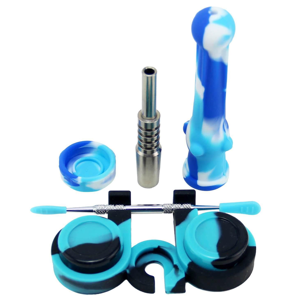 PILOT DIARY Silicone Nectar Collector Dab Kit in Blue Swirl, Front View with Accessories