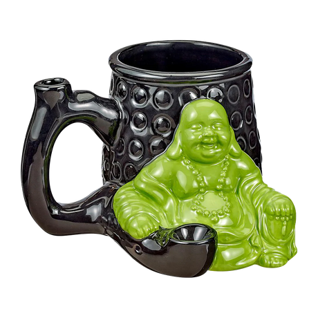 Ceramic Buddha-shaped mug with built-in pipe, 12 oz size, front view on white background