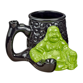 Ceramic Buddha-shaped mug with built-in pipe, 12 oz size, front view on white background