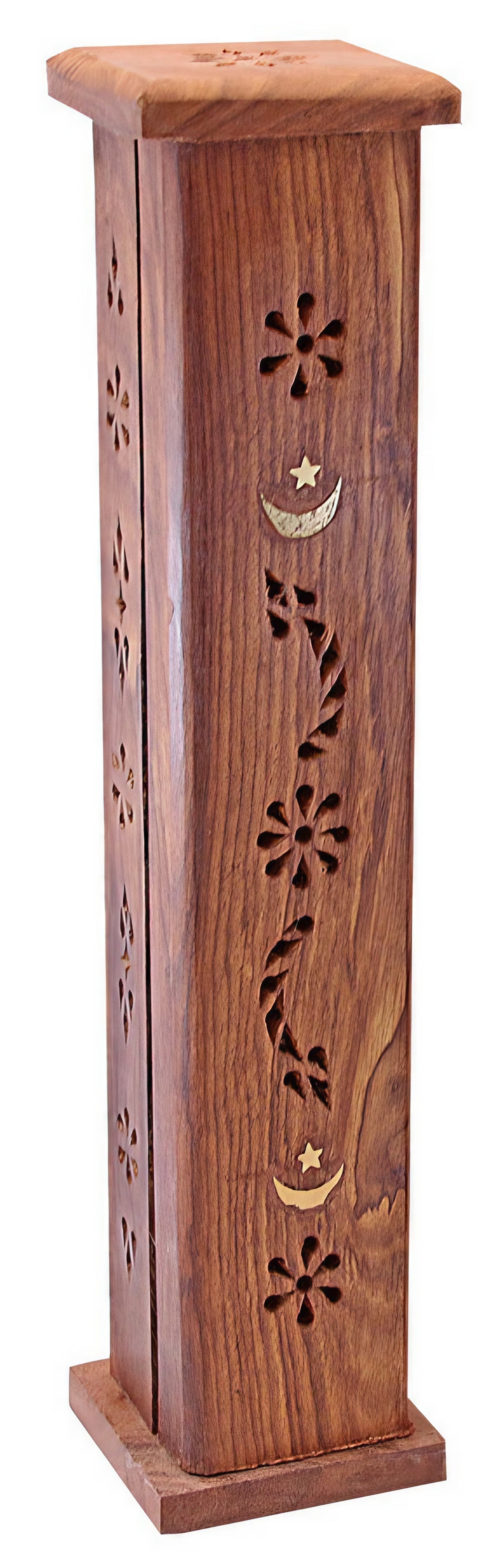 12" Moon & Star Wood Tower Incense Burner with intricate cutouts, front view on white background