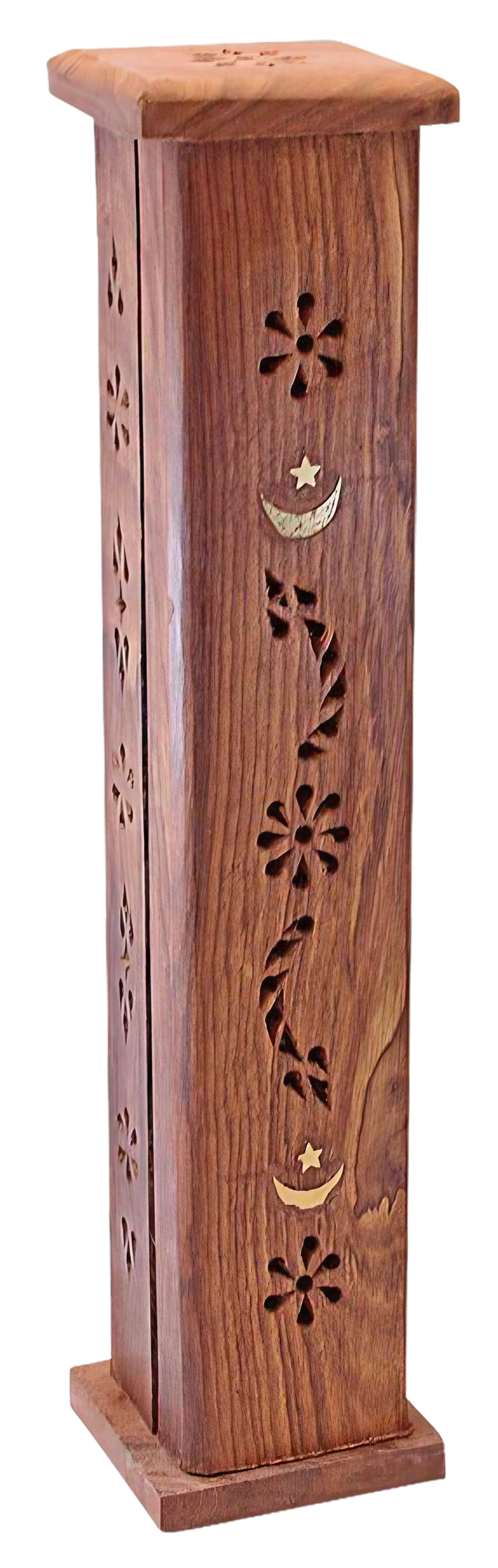 12" Moon & Star Wood Tower Incense Burner with intricate carvings, front view on white background