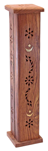 12" Moon & Star Wood Tower Incense Burner with intricate carvings, front view on white background