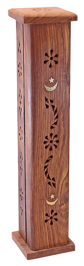 12" Moon & Star Wood Tower Incense Burner with intricate carvings, front view on white background