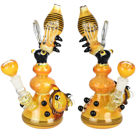 Mother Bee Water Pipe, 9" Borosilicate Glass, 14mm Female Joint, Dual View on White Background