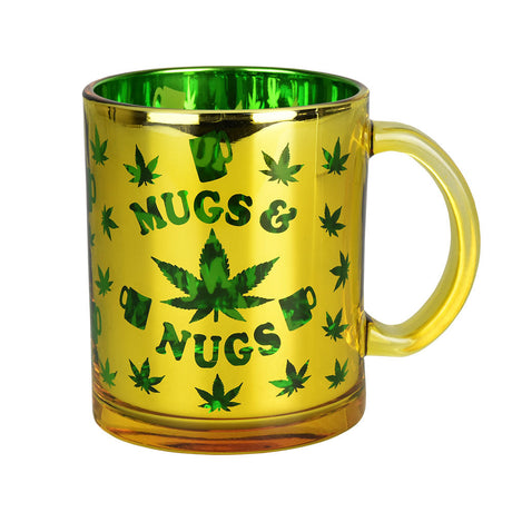 Metallic Glass Coffee Mug with Mugs & Nugs design, 16oz, front view on white background