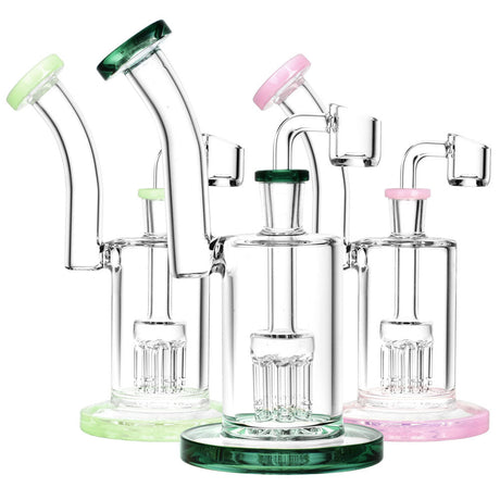 Multi-Arm Perc Drop Down Glass Rigs in various colors with quartz bangers, front view, for concentrates
