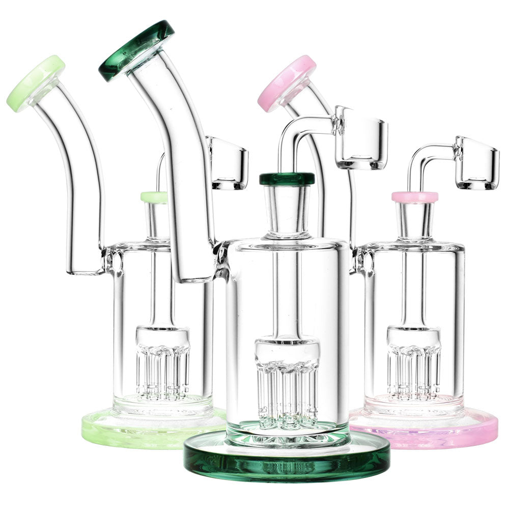 Multi-Arm Perc Drop Down Glass Rigs in various colors with quartz bangers, front view, for concentrates