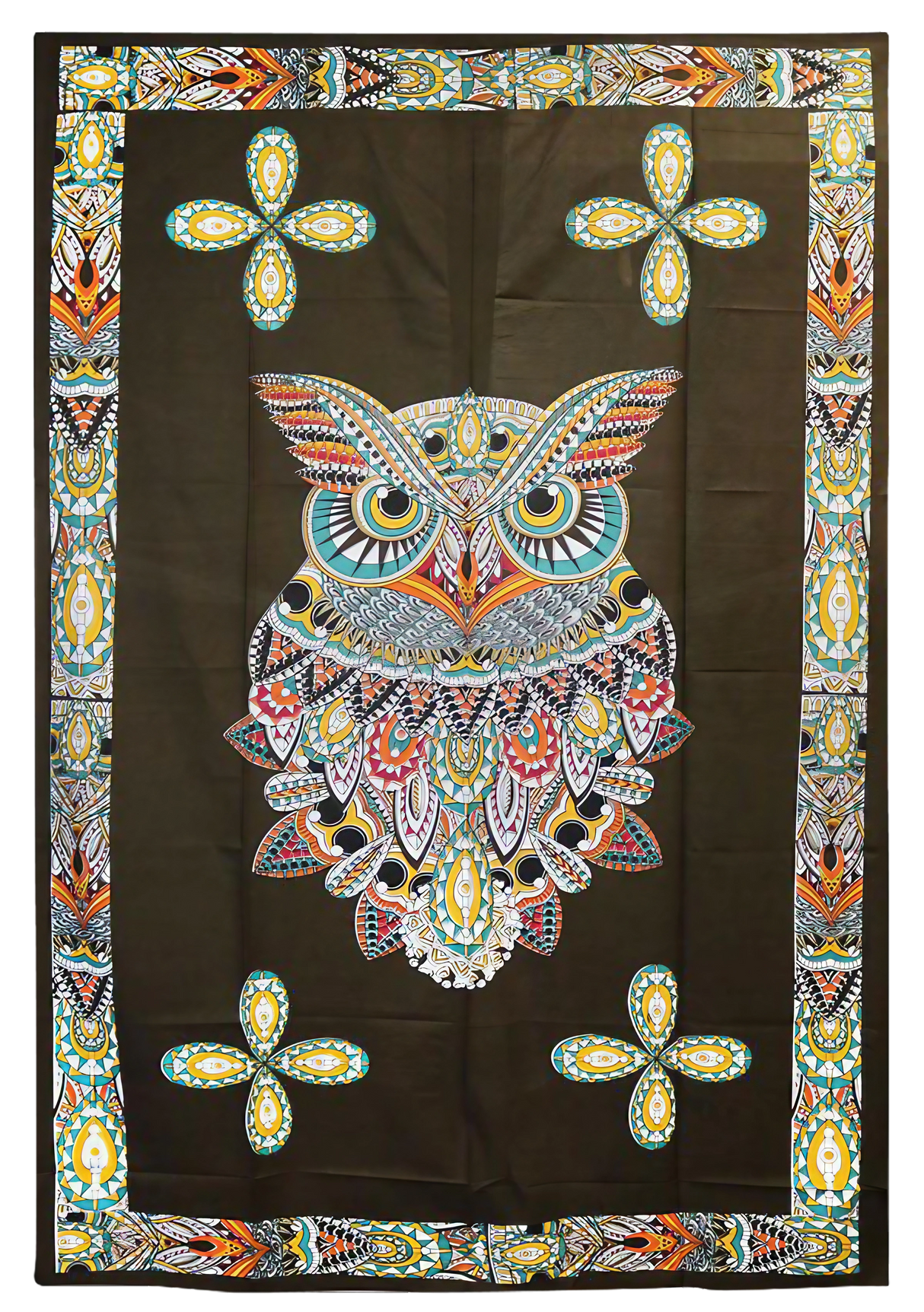Colorful Multi Color Owl Tapestry, Cotton Material, 54" x 86" Size, Front View