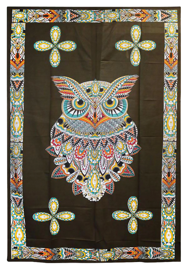 Colorful Multi Color Owl Tapestry, Cotton Material, 54" x 86" Size, Front View