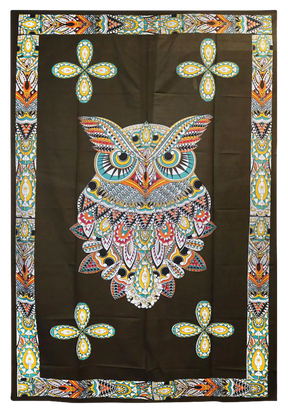 Colorful Multi Color Owl Tapestry, Cotton Material, 54" x 86" Size, Front View