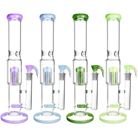 Assorted colors 16" Multi Perc Water Pipes with Horned Bowls, side view on white background
