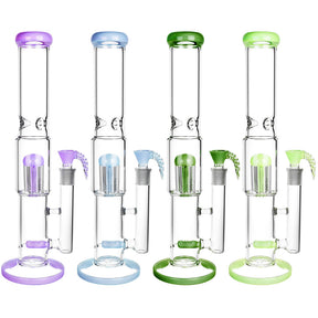 Assorted colors 16" Multi Perc Water Pipes with Horned Bowls, side view on white background