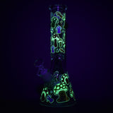 10" Mushroom Beaker Water Pipe with glow-in-the-dark design on black background
