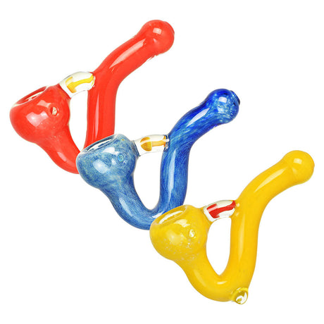 Colorful Mushroom Bridge Sherlock Pipes in red, blue, and yellow, crafted from borosilicate glass