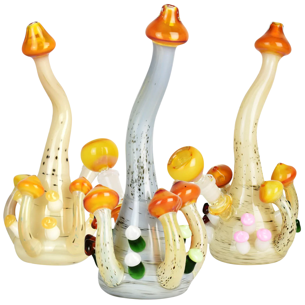 Mushroom Cluster Water Pipe with colorful design, 9.5" tall, ideal for dry herbs, front view