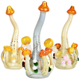 Mushroom Cluster Water Pipe with colorful design, 9.5" tall, ideal for dry herbs, front view