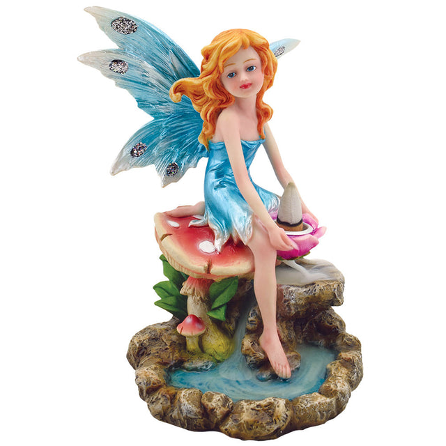 Mushroom Fairy Backflow Incense Burner, Polyresin, 7" Front View on White Background