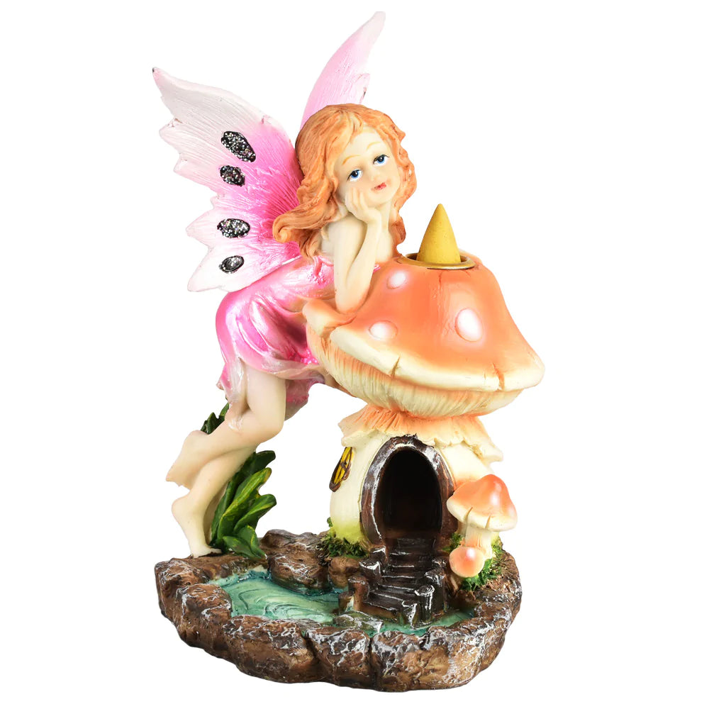 Polyresin Mushroom House & Fairy Backflow Incense Burner - Front View