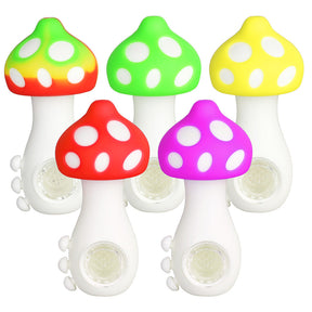 Assorted colorful Mushroom Silicone Hand Pipes with Glass Bowls, compact and portable