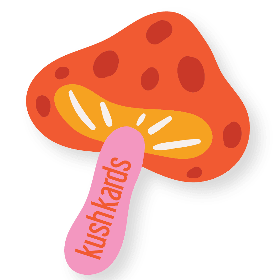 KKARDS Mushy Shroom Sticker with vibrant red cap and KKARDS logo, front view on seamless white background