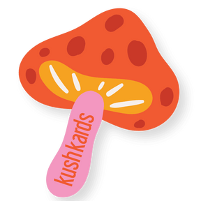 KKARDS Mushy Shroom Sticker with vibrant red cap and KKARDS logo, front view on seamless white background