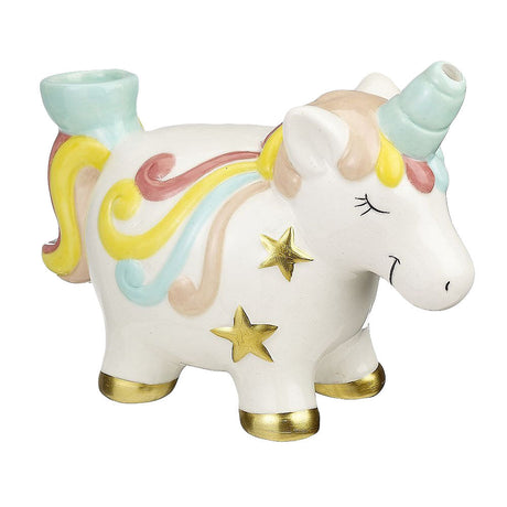 Mystical Unicorn Ceramic Pipe with colorful mane and gold accents, side view on white background