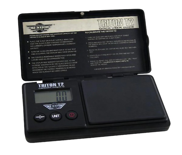 MyWeigh Triton T2 120g x 0.1g digital pocket scale open with user guide, battery-powered, portable design