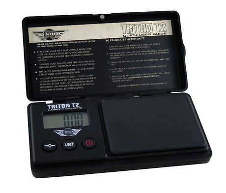 MyWeigh Triton T2 Digital Mini Scale open view, showing 0.01g accuracy and battery power