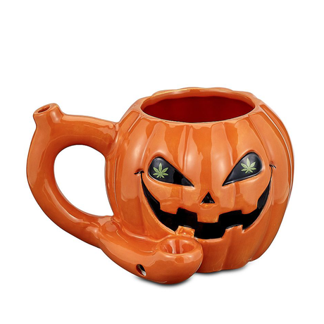 Fantasy Ceramic Pumpkin Mug Pipe with Leaf Accents - Front View