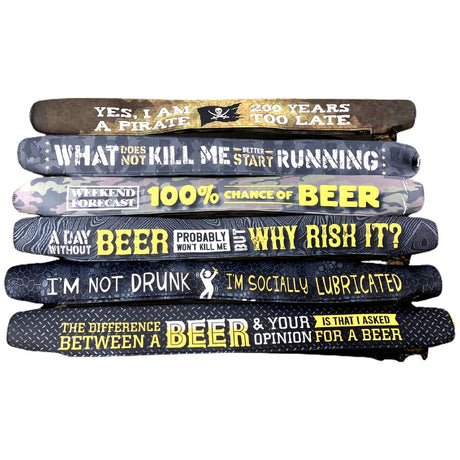 Stack of Neoprene Cooler Sling Bags with assorted beer-themed styles and quotes, front view
