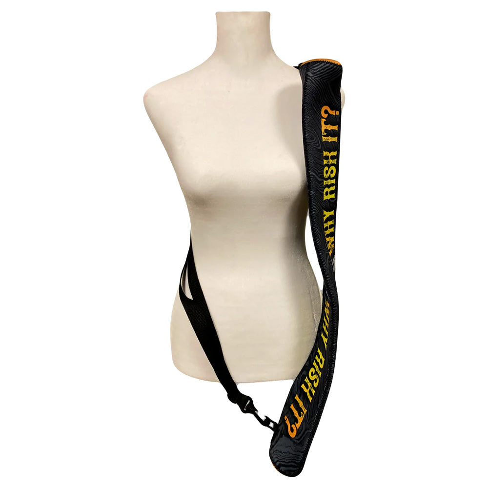 Neoprene Cooler Sling Bag on mannequin, 36"x2.5", black with yellow text, side view, portable design