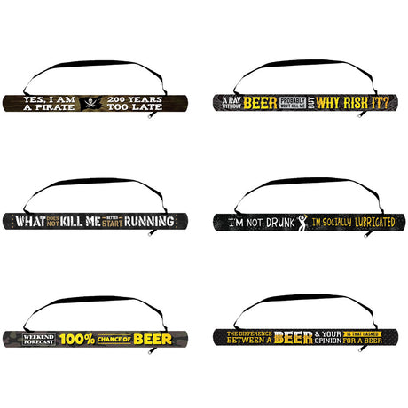 Assorted Neoprene Cooler Sling Bags with humorous beer-themed slogans, front view