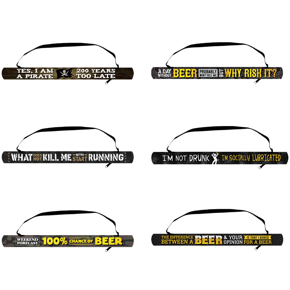 Assorted Neoprene Cooler Sling Bags with humorous beer-themed slogans, front view