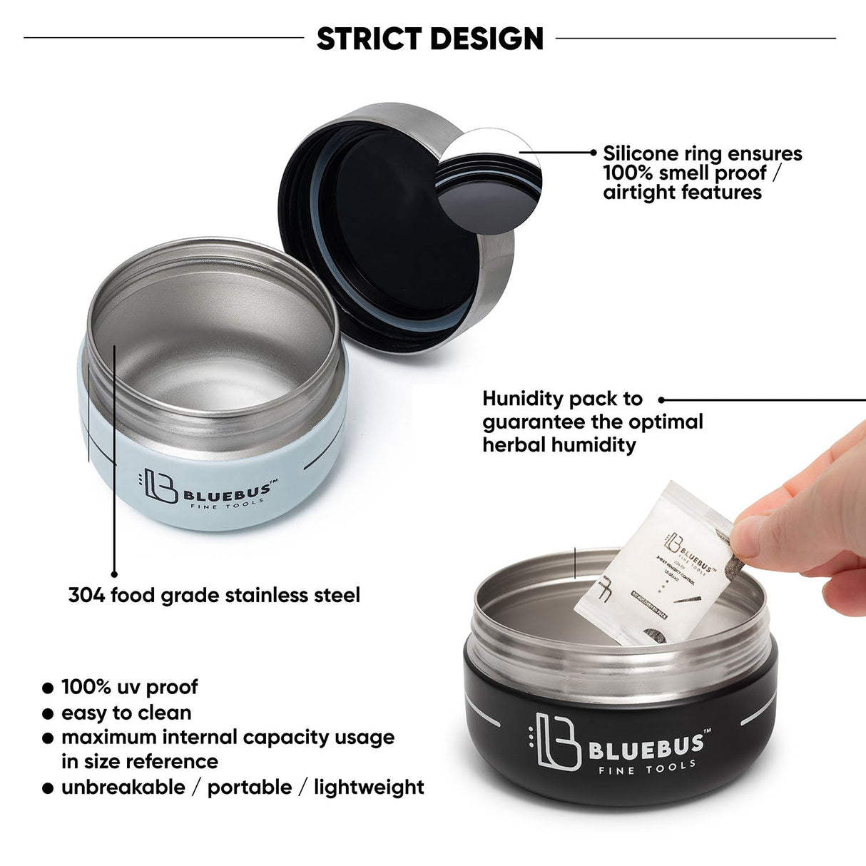 BUNKER Airtight Stash Jar by Blue Bus with silicone seal and humidity pack, made of 304 stainless steel