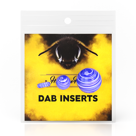 Honeybee Herb Dab Marble Set in Blue, Borosilicate Glass, Front View on Yellow Background