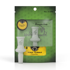 Honeybee Herb Glass Adapters 14M to 14F for Bongs, Front View on Branded Packaging