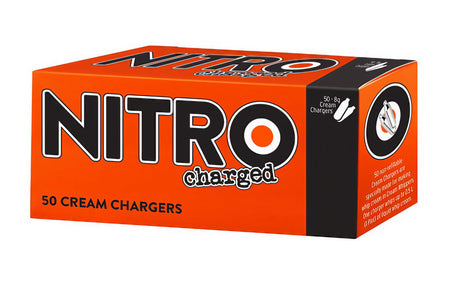 NitroCharged Cream Chargers 50 Pack box, orange and black design, front view on white background