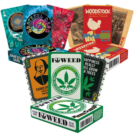 Assorted Novelty Playing Cards with vibrant designs, front and angled views displayed