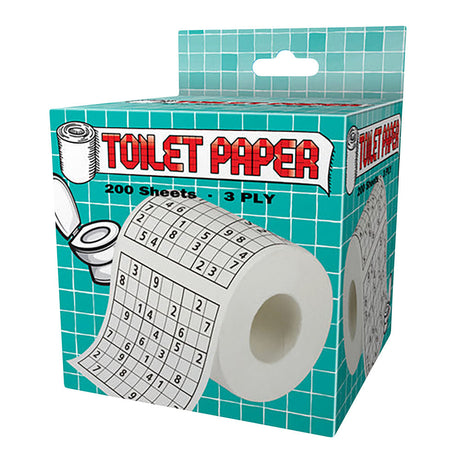 200-sheet 3-ply novelty Sudoku toilet paper roll with packaging, front view.