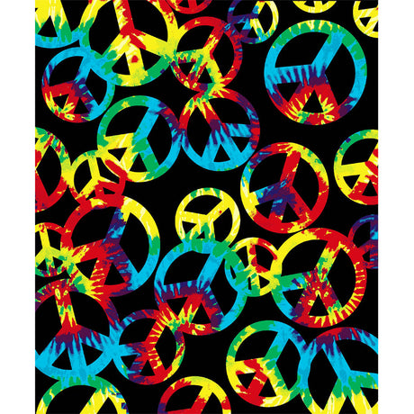 Colorful Nu Trendz tie-dye fleece blanket with peace signs, 79" x 94" size, on a black background