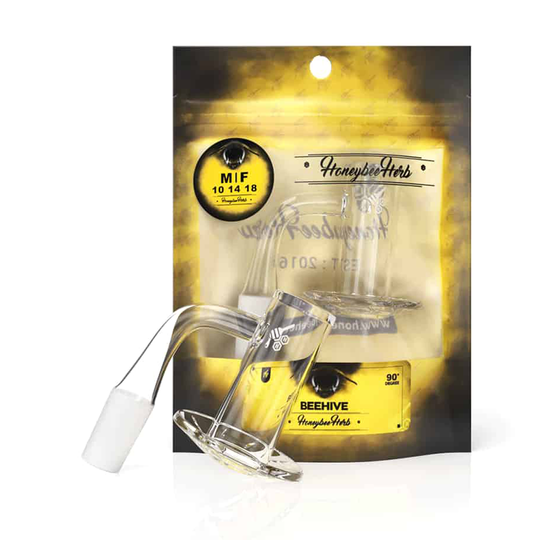 Honeybee Herb Bangers Yellow Line, Quartz Flat Top Banger, 90 Degree Joint on Packaging