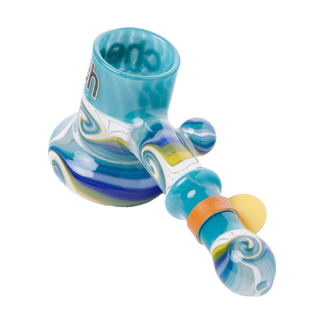 Cheech Glass Wig Wag Bubbler in Blue, Angled Side View with Intricate Glass Patterns