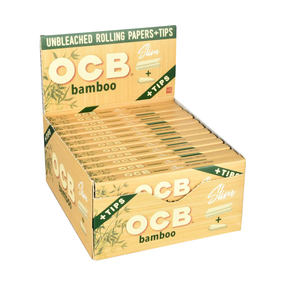 OCB Bamboo Rolling Papers 1 1/4" with Tips, 24 Pack Display Box