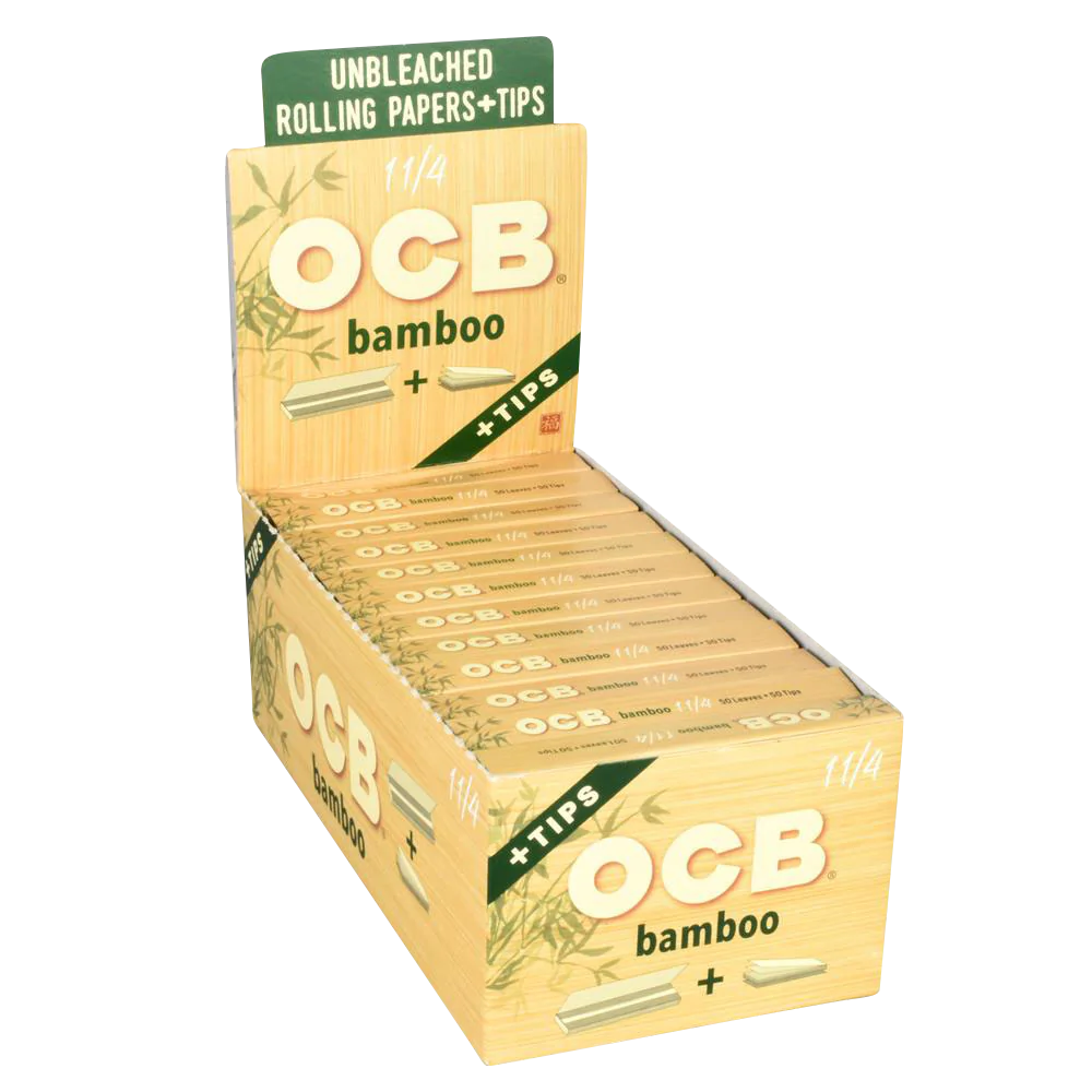 OCB Bamboo Rolling Papers 1 1/4" with Tips, 24 Pack Display Box Front View
